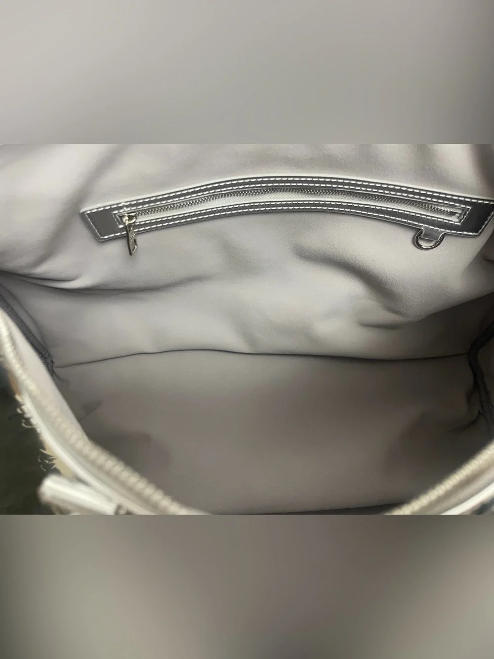 Silver Duffle Handbag Zip Closure Silver Hardware Inner Pocket